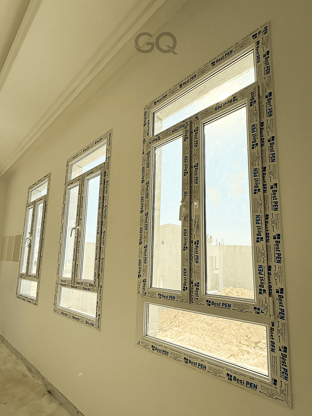 Row of UPVC windows, interior hallway